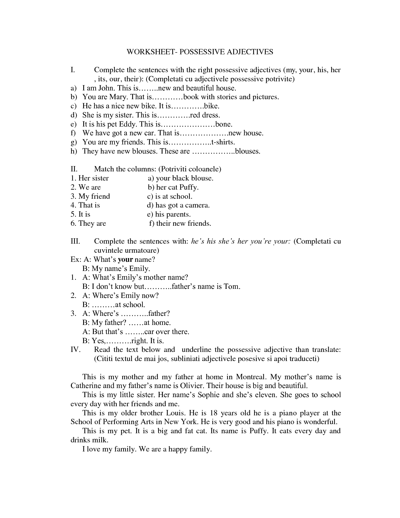 Possessive Adjectives Worksheets