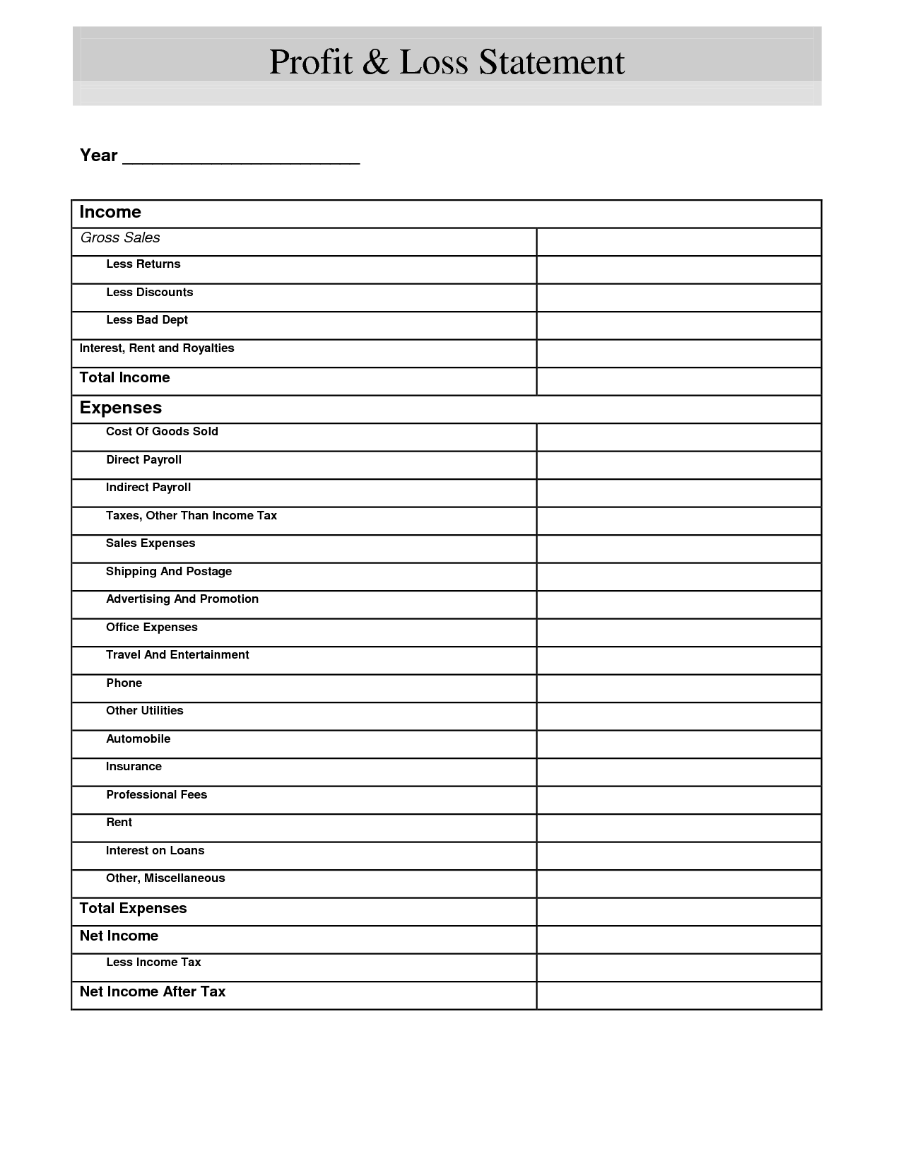 Profit and Loss Statement Form Template