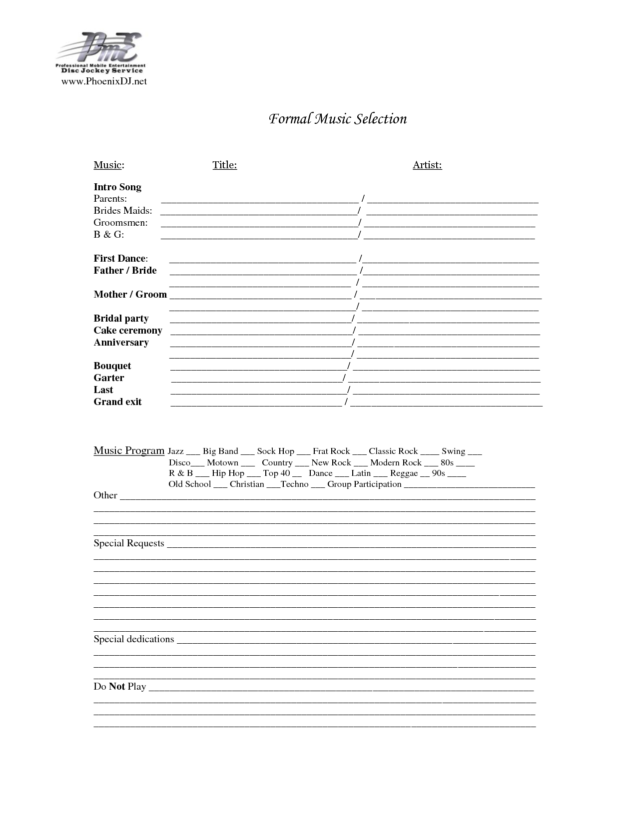 DJ Wedding Reception Printable Worksheets