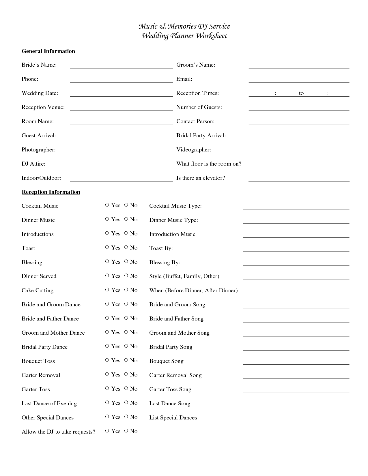 DJ Wedding Worksheet Template