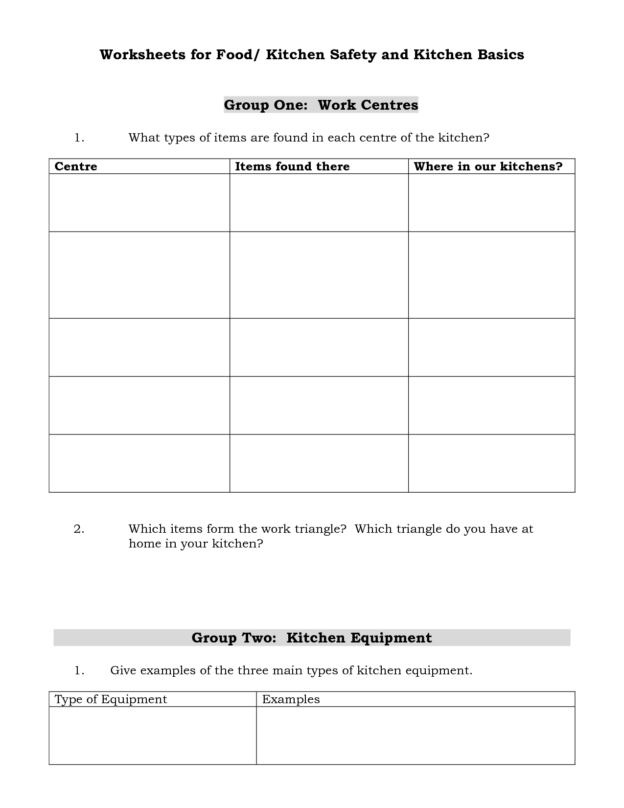 Food and Kitchen Safety Worksheet