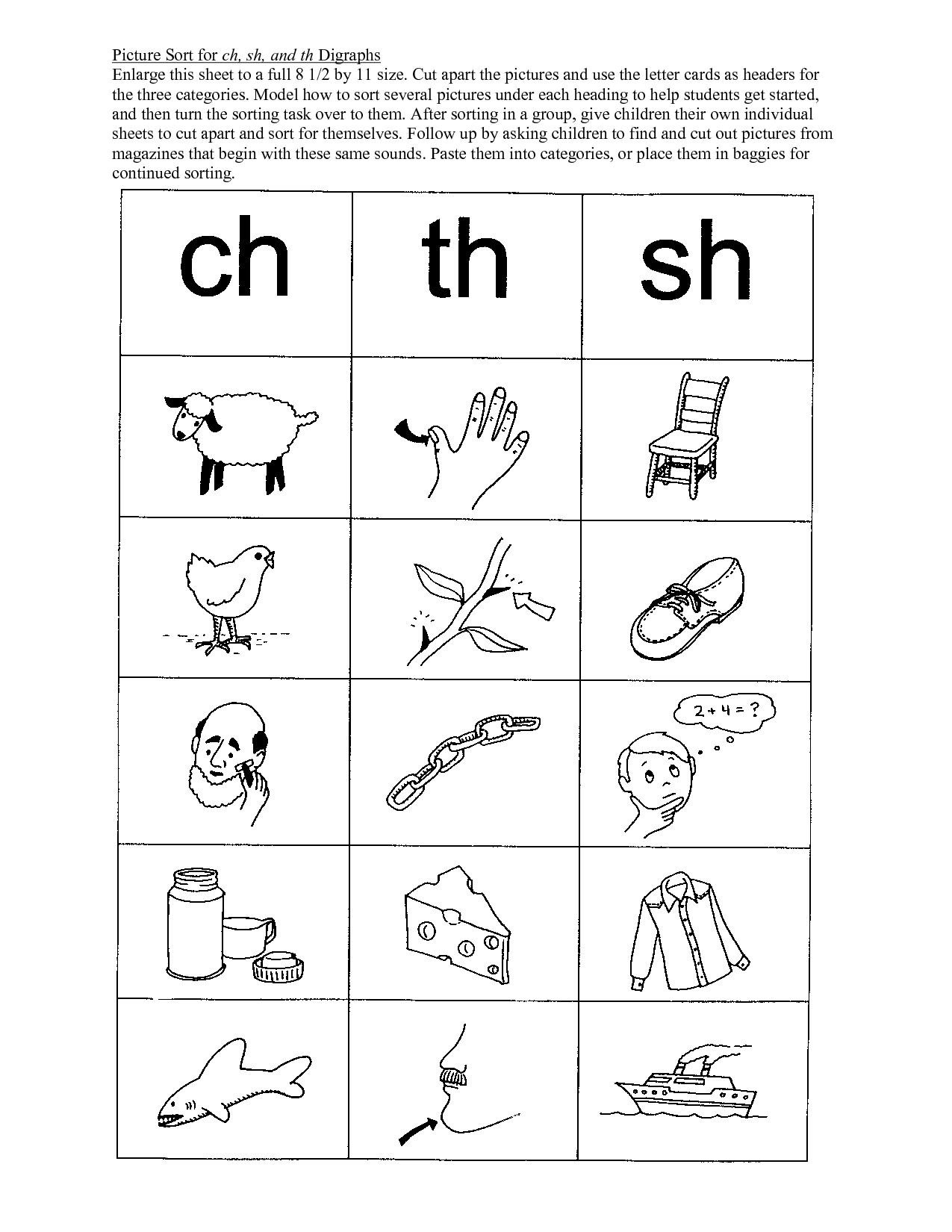 Free Sh CH Th Digraph Worksheets for Kindergarten