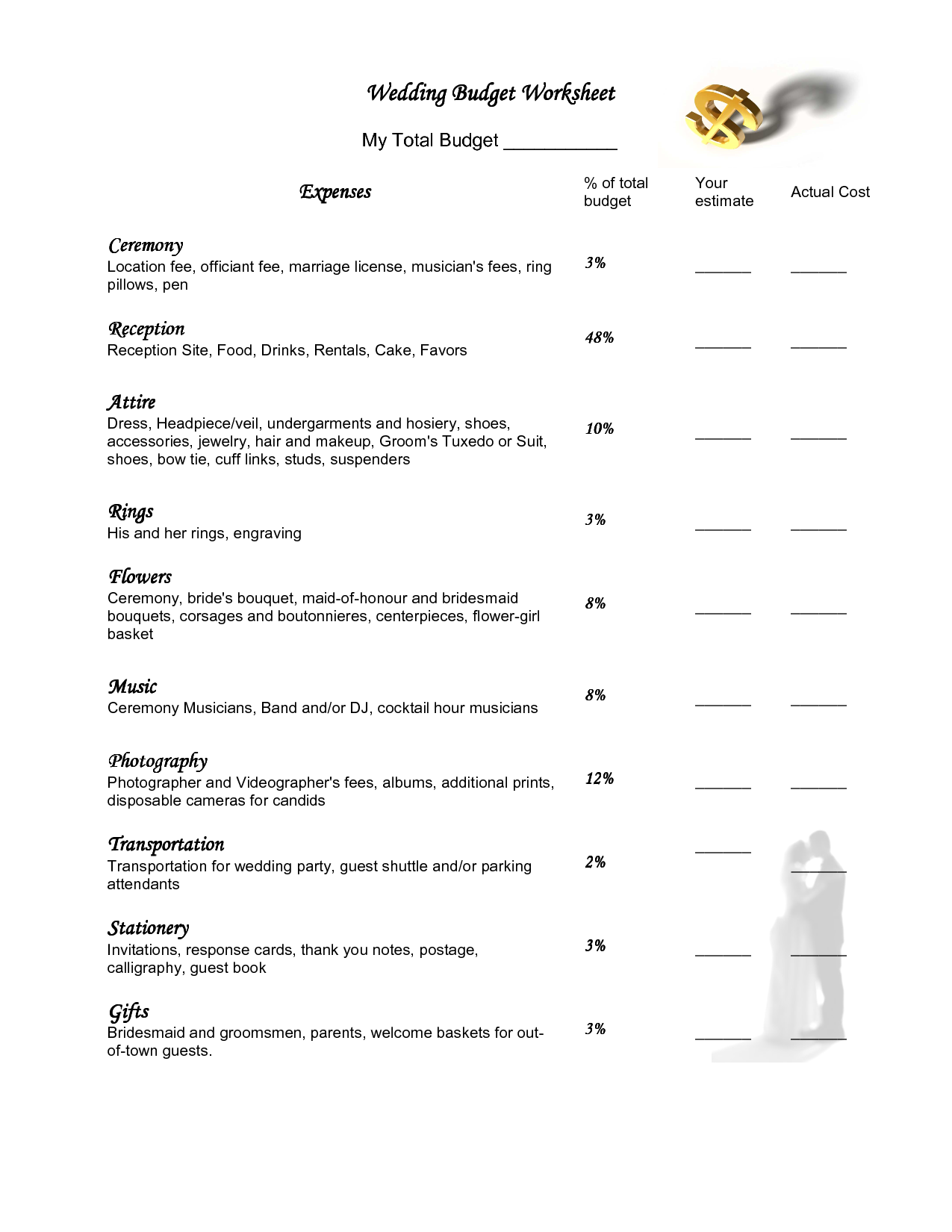 Free Wedding Budget Worksheet