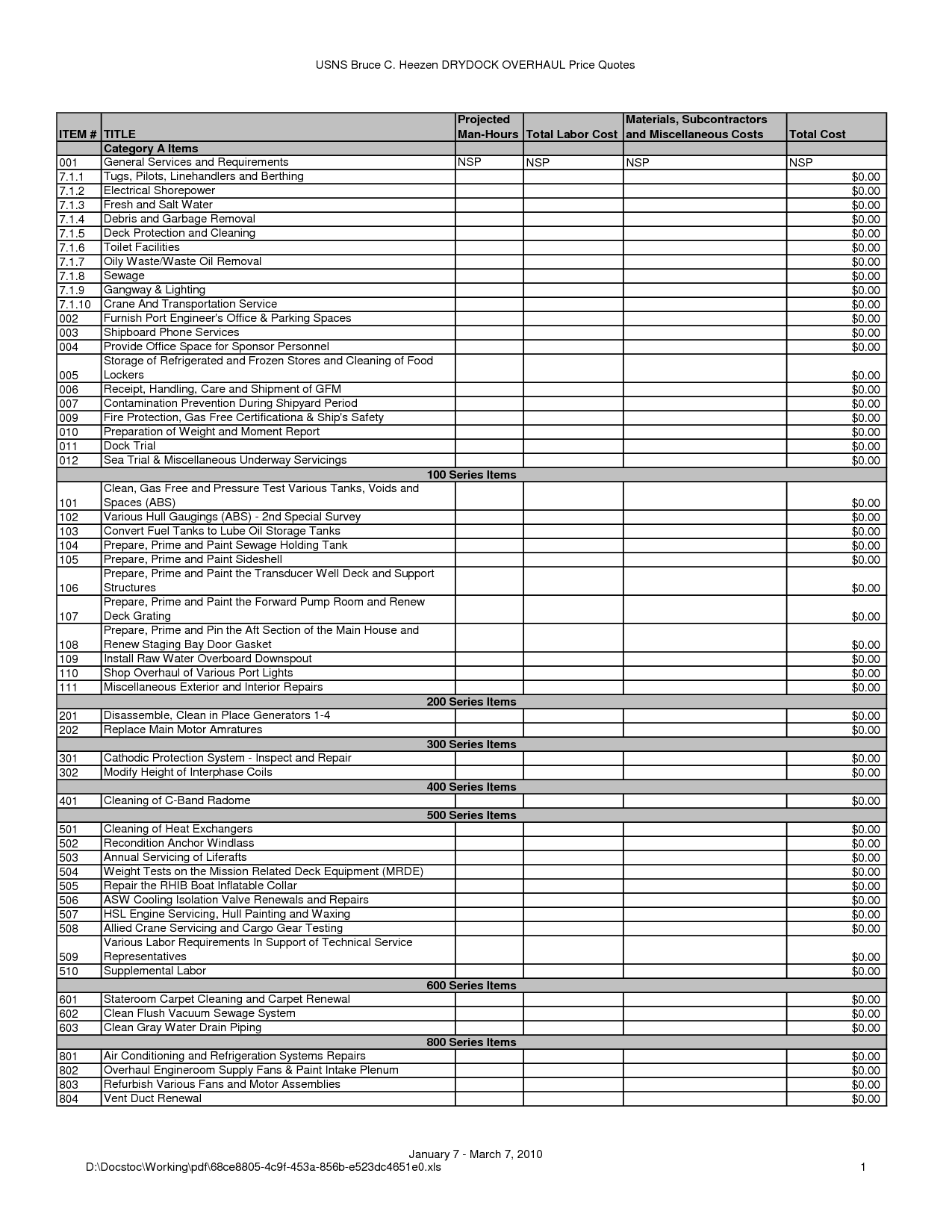 House Cleaning Bid Sheet