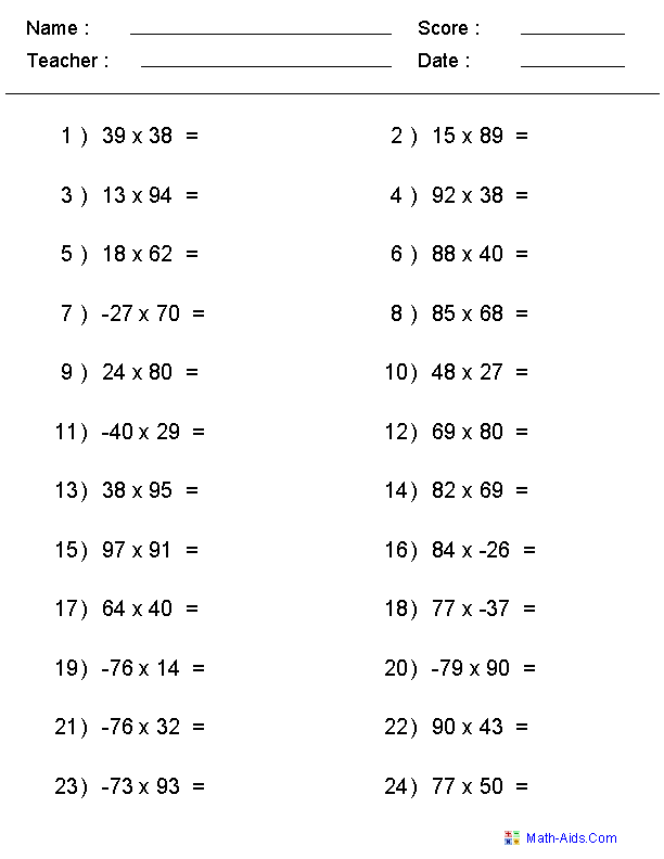 Negative Numbers Worksheets