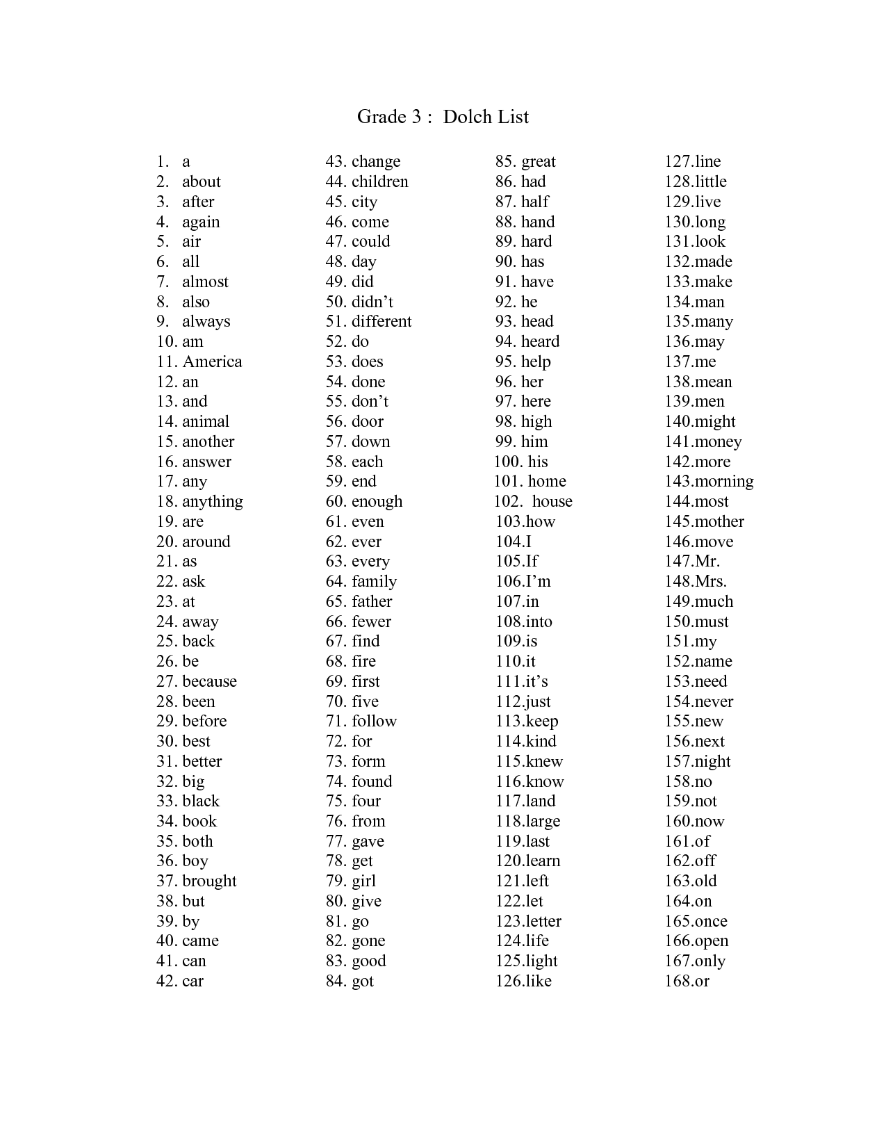 Kinder Word List