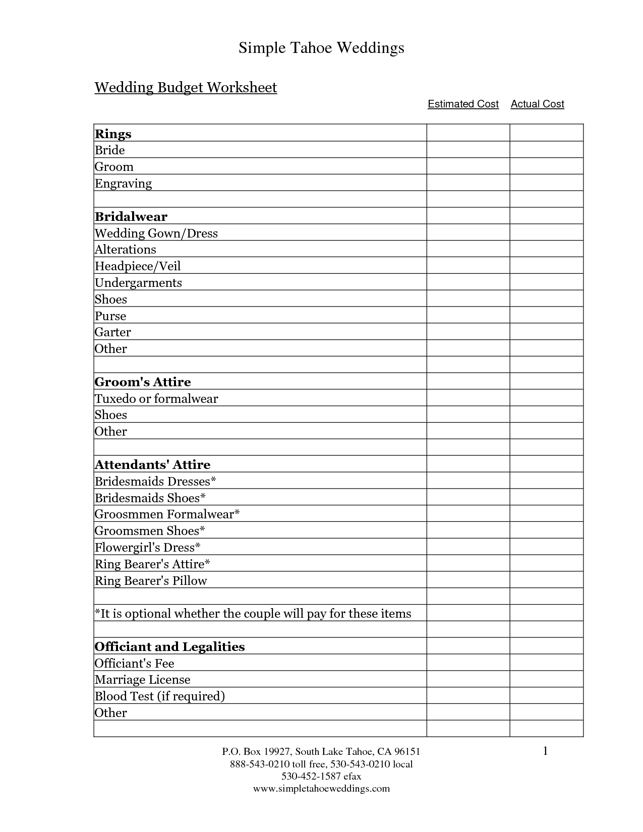 Wedding Budget Worksheet Template