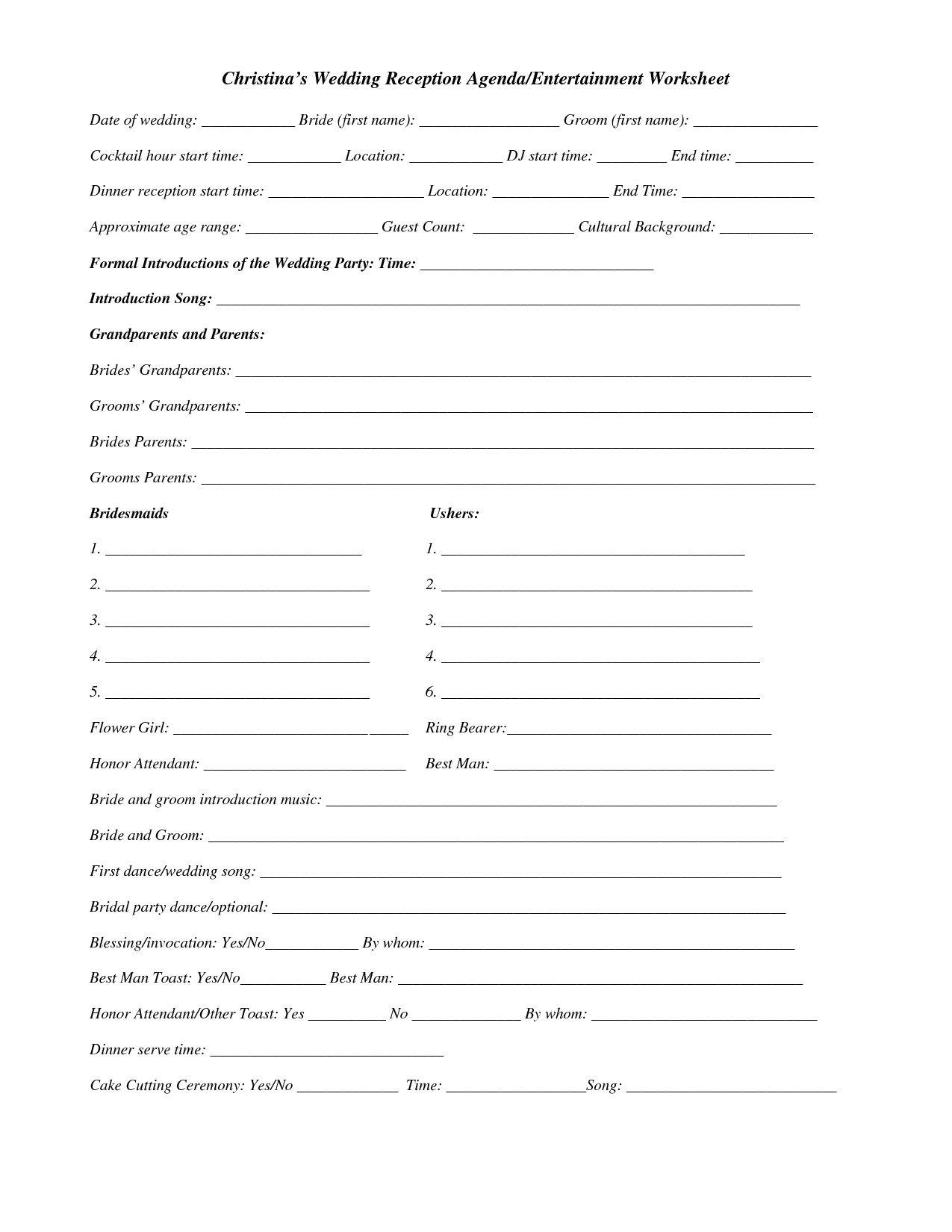 Wedding DJs Reception Planning Worksheet