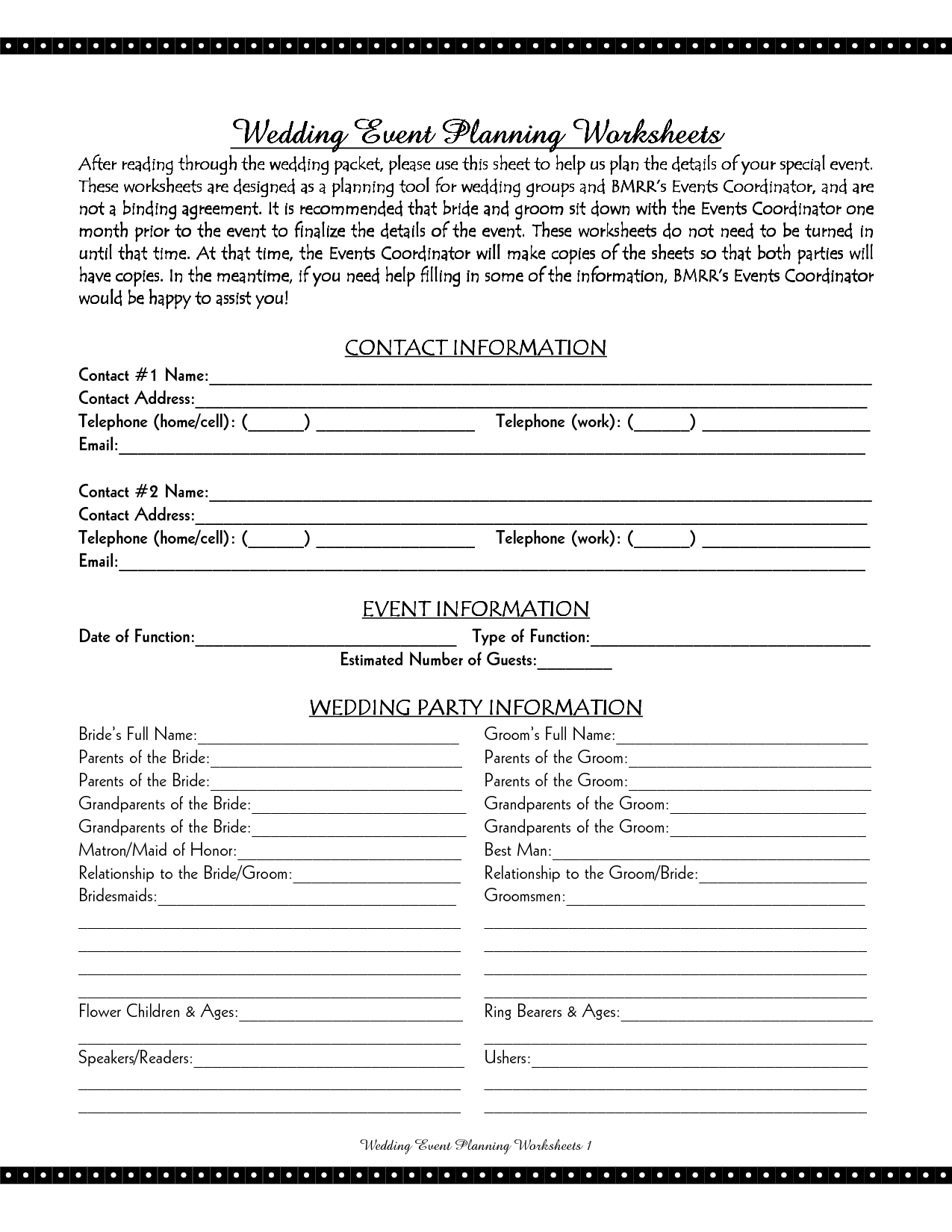 Wedding Event Planning Worksheet