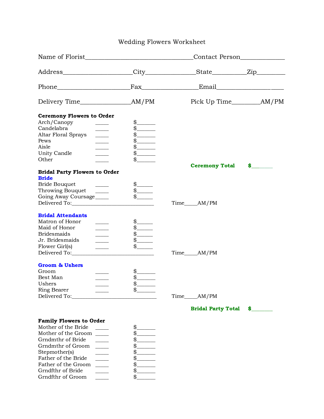 Wedding Flower Planning Worksheet