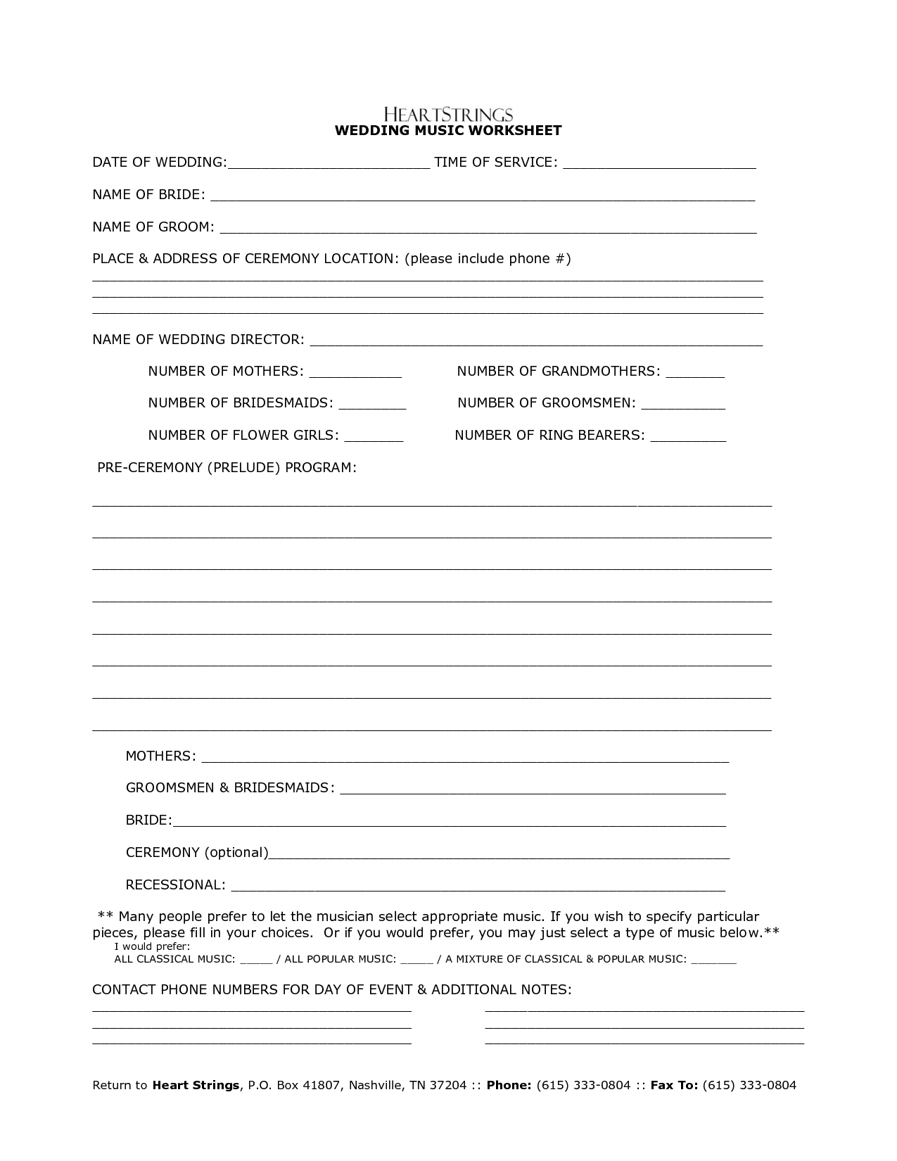 Wedding Music Worksheet