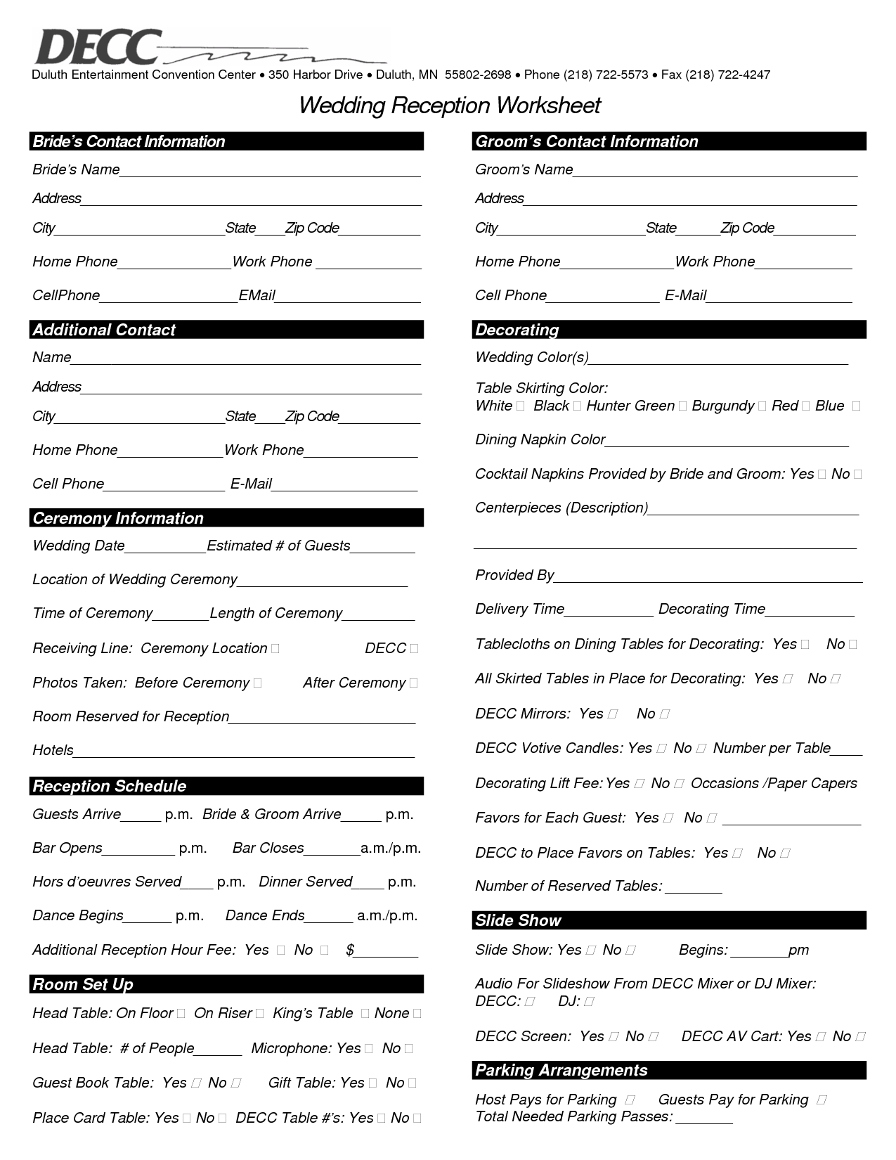 Wedding Reception Worksheet