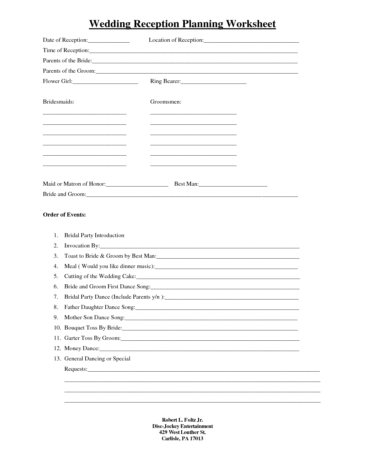 Wedding Reception Worksheet