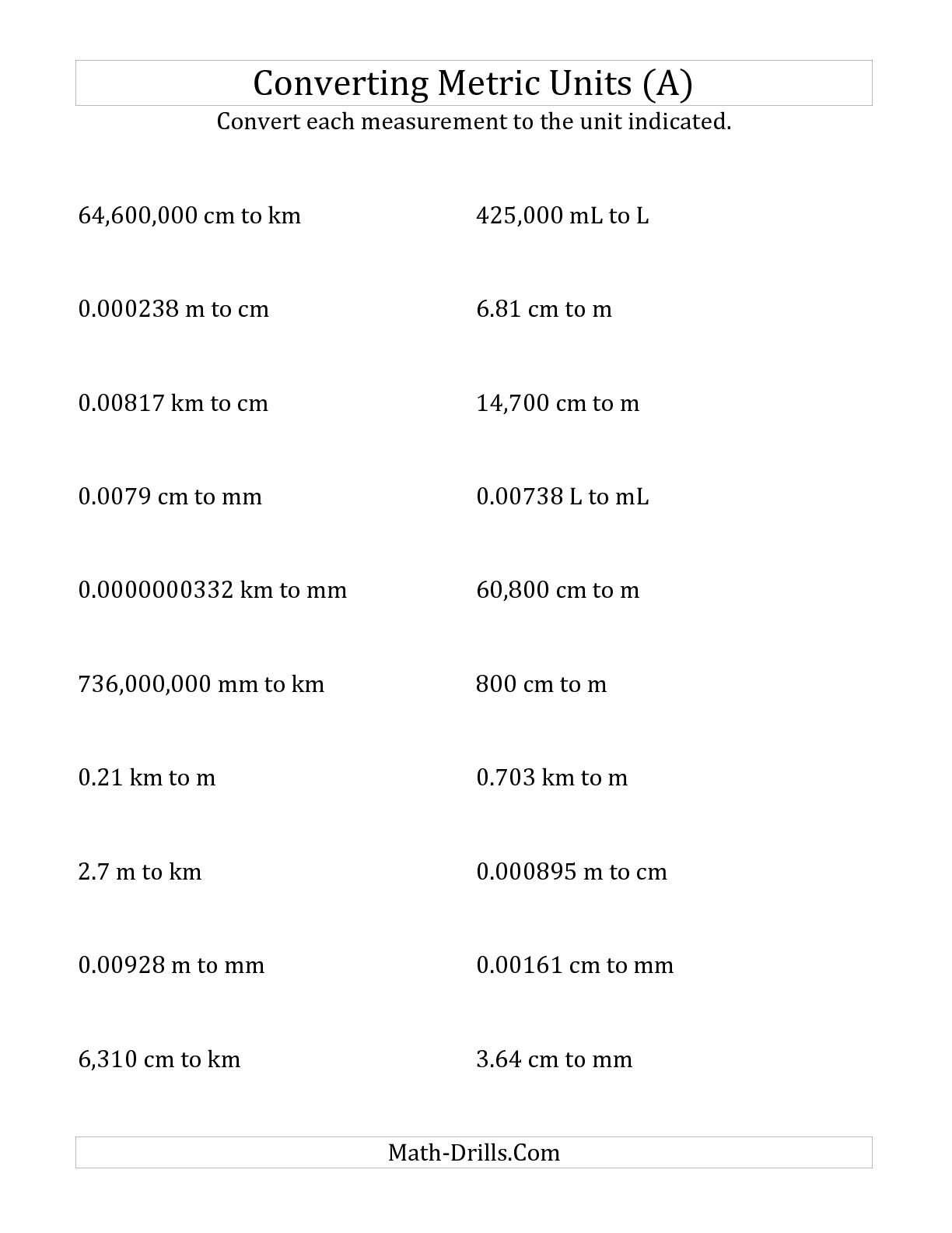 Converting Metric Units Volume Worksheet