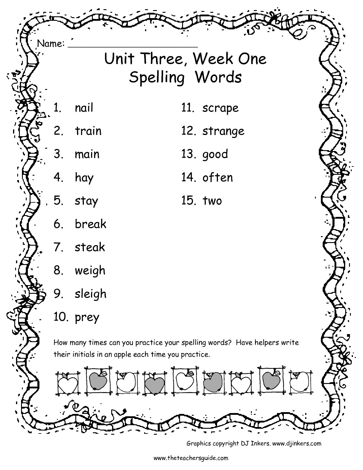 1St Grade Spelling Words Printable
