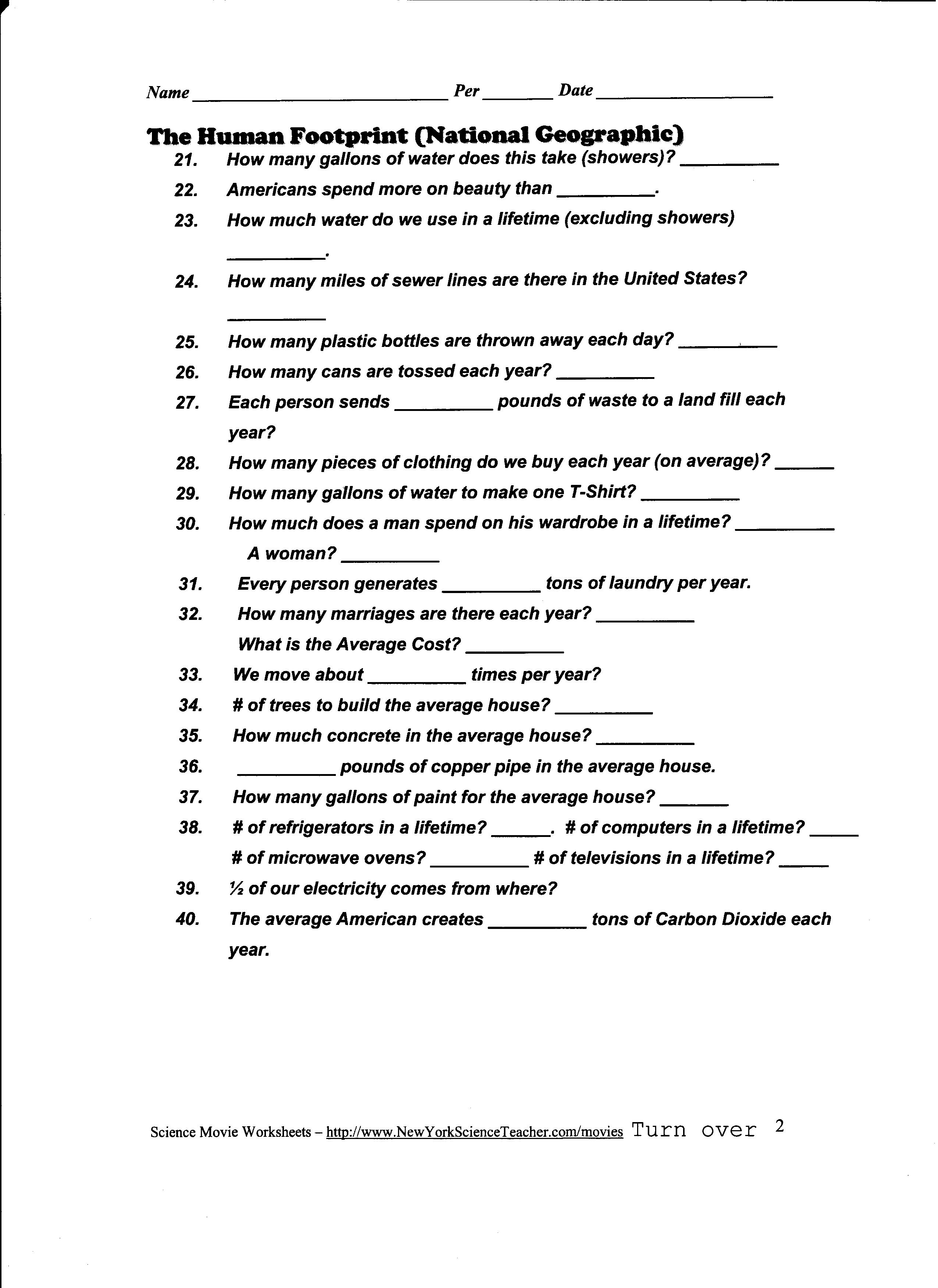 Human Footprint Worksheet Answers