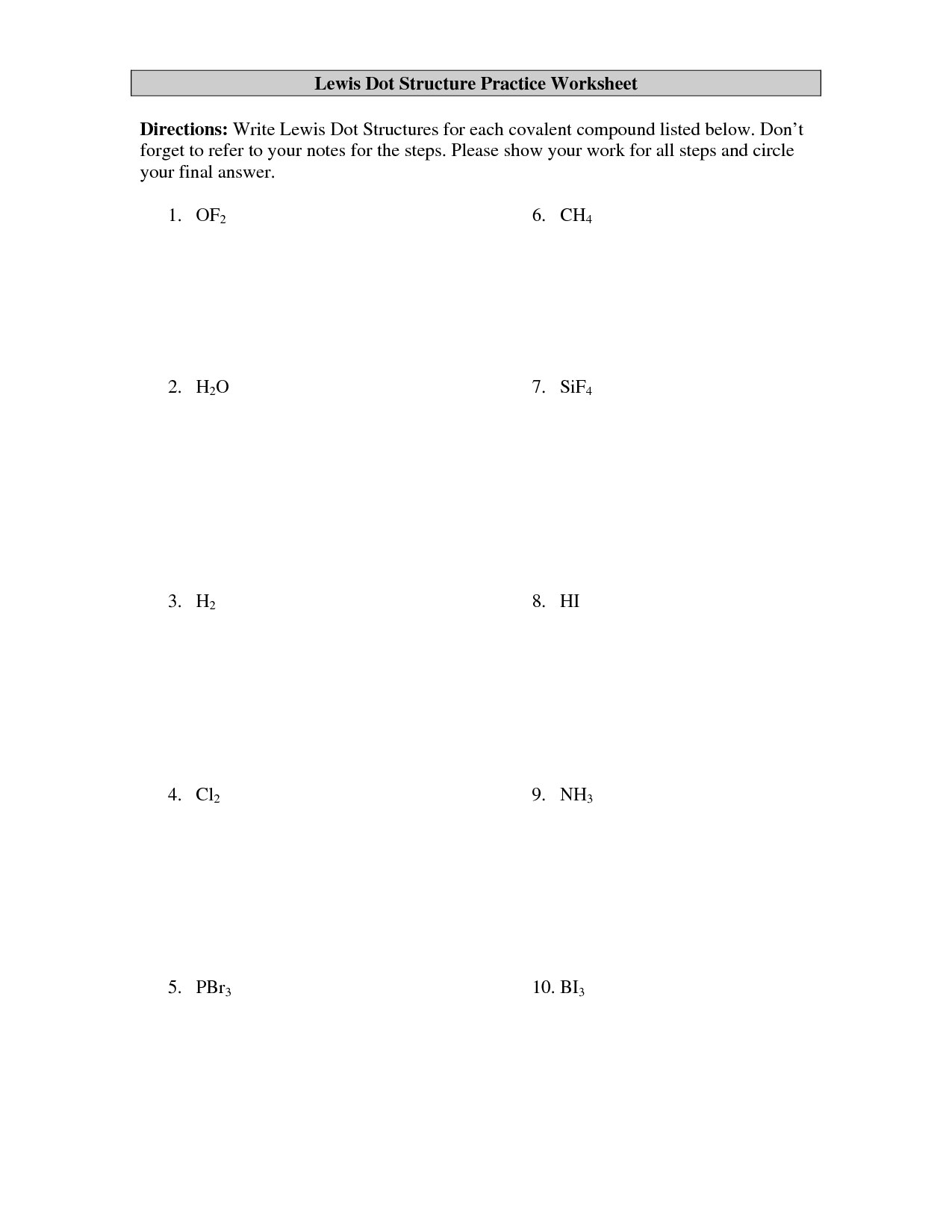 Lewis Dot Diagram Worksheet