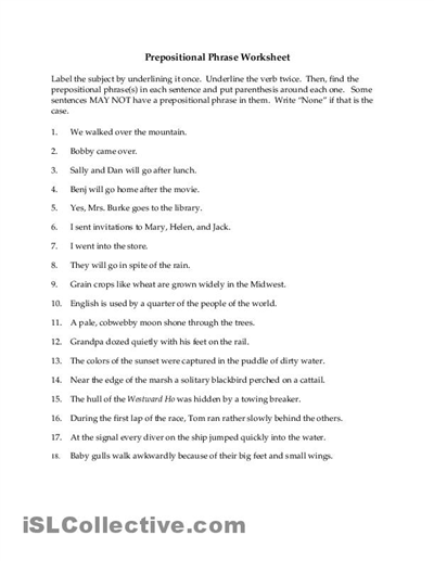 Prepositional Phrases Worksheets Middle School