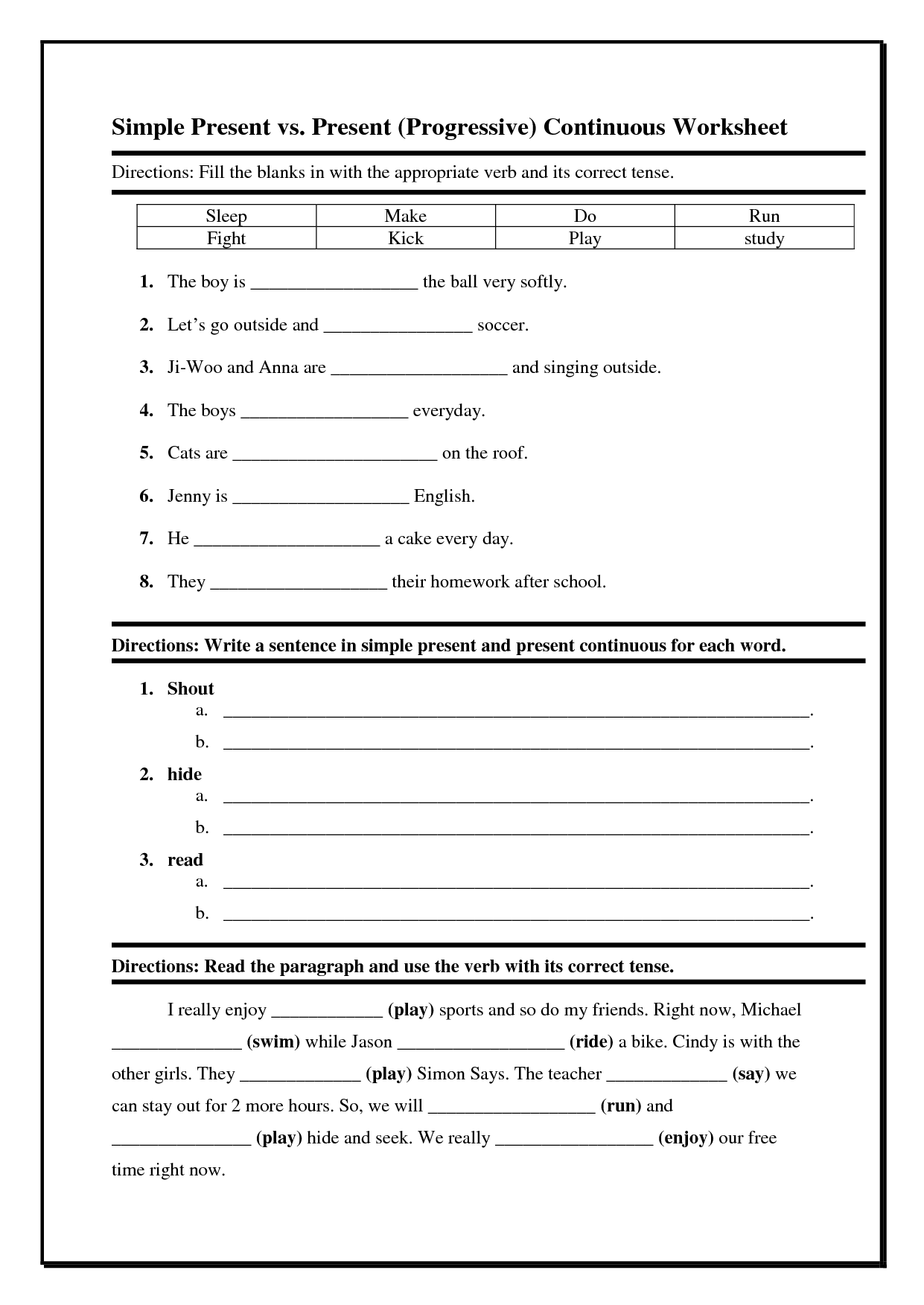 Simple Present Tense Worksheet Grade 3