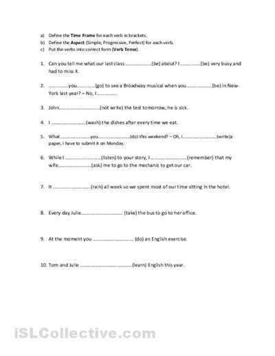 Verb Tense Worksheet