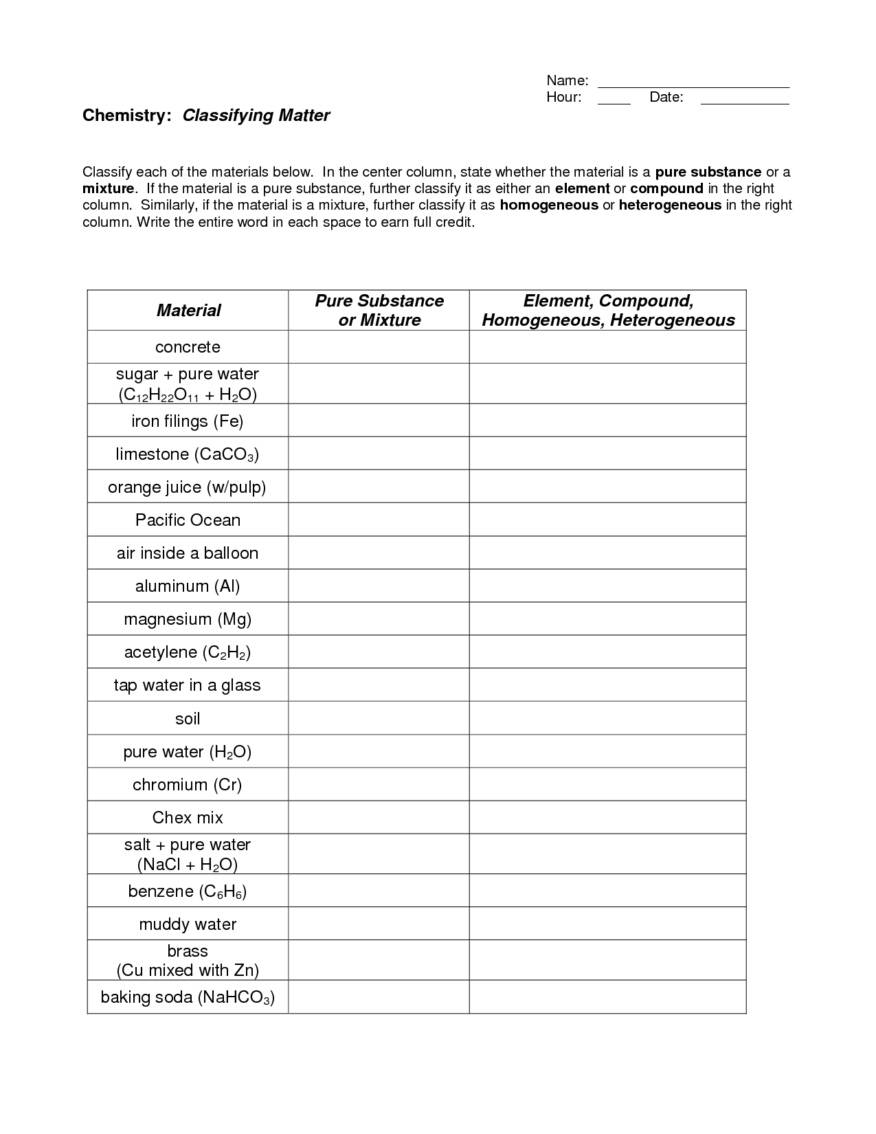 Classifying Matter Worksheet Answers