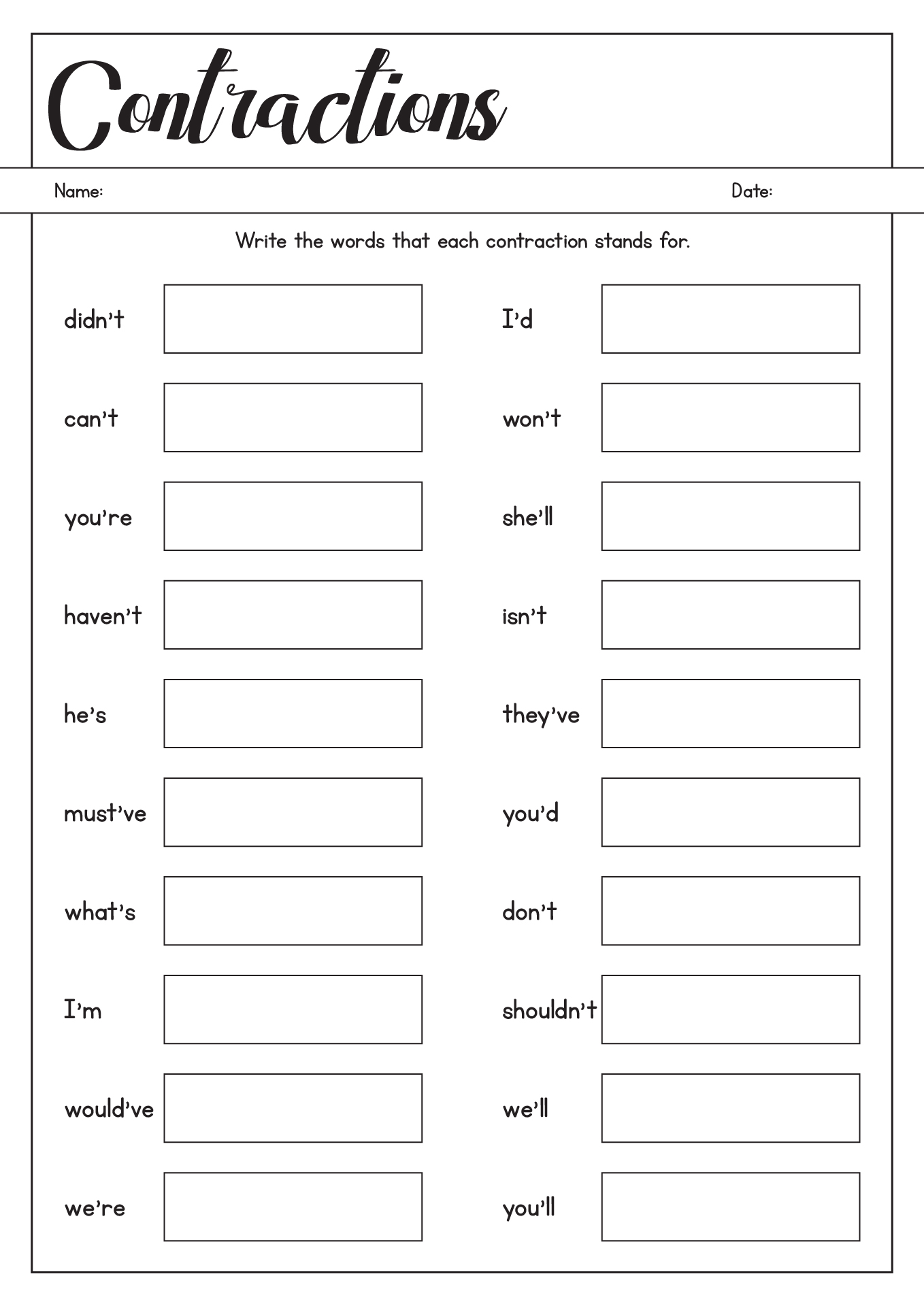 Contractions Worksheet 3rd Grade