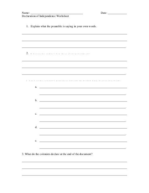 Declaration Independence Worksheet