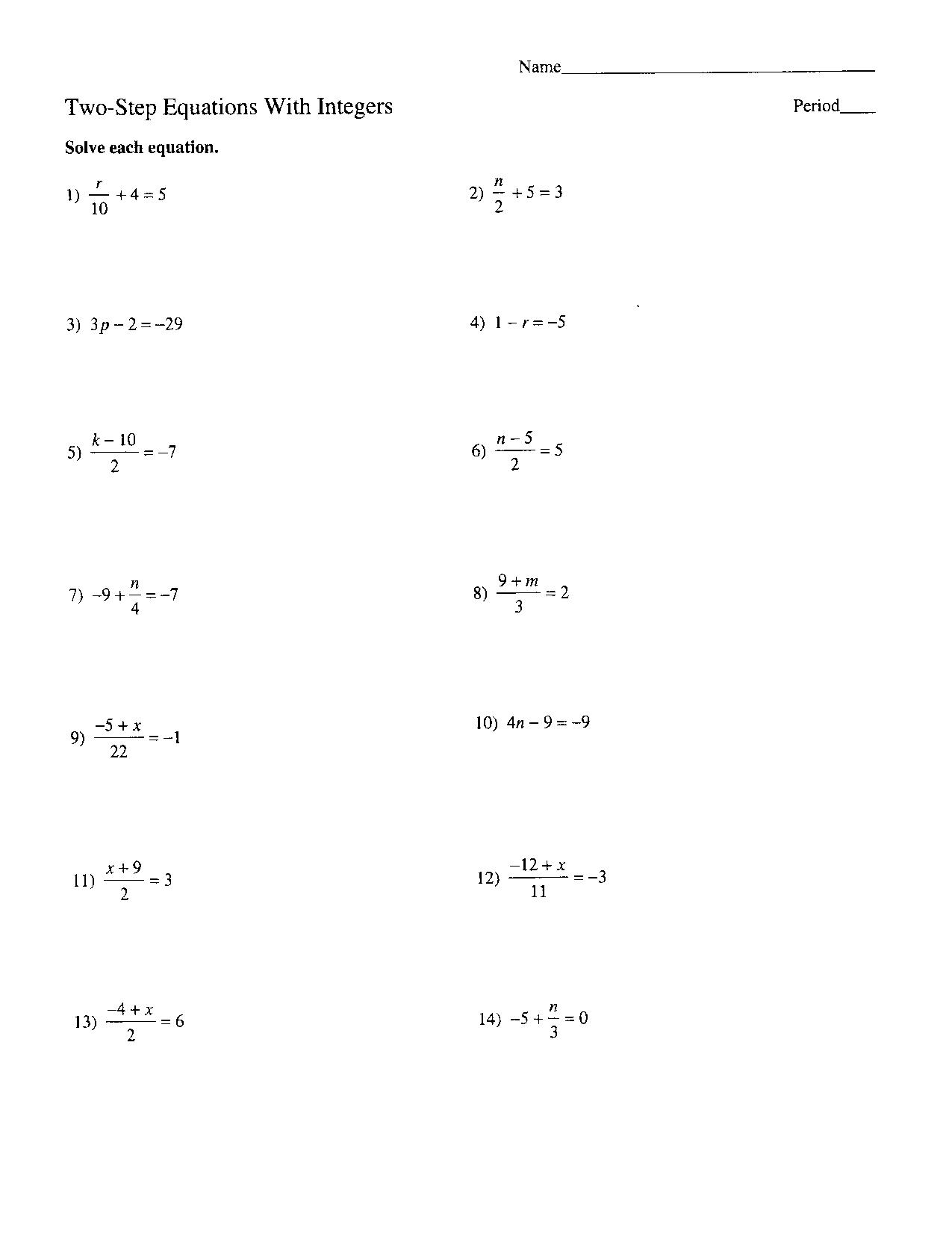 Free Printable 2 Step Equations Worksheets