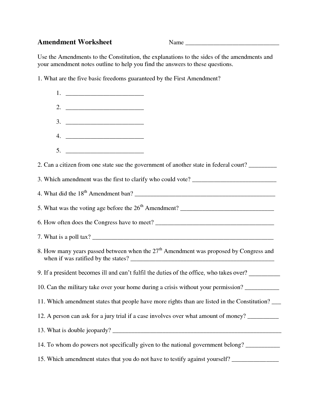 14 Amendment Matching Worksheet Worksheeto