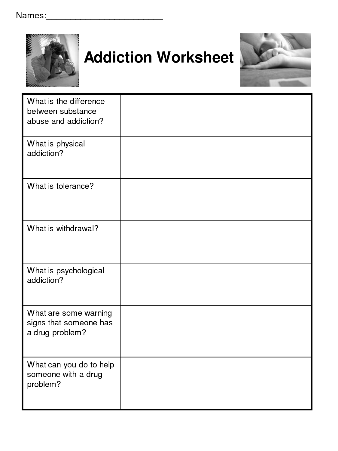 Drug Addiction Recovery Worksheets