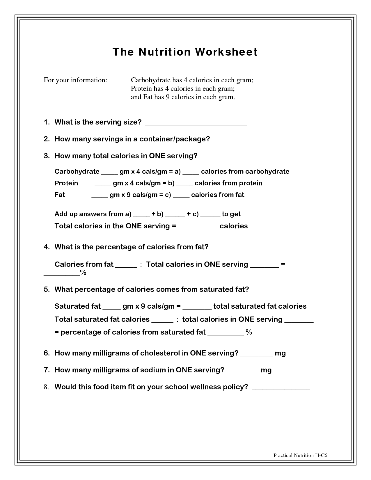 Food Nutrition Labels Worksheet