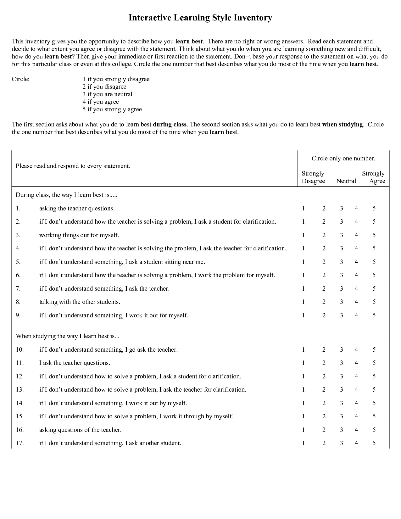 16 Learning Styles Inventory Printable Worksheet / worksheeto.com