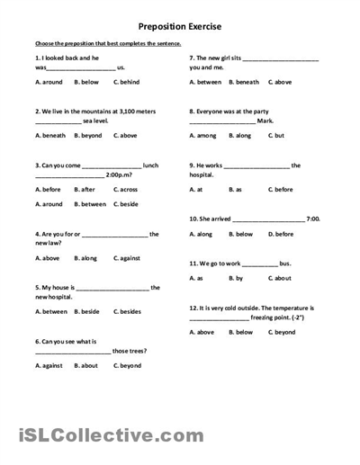 Preposition Worksheets High School