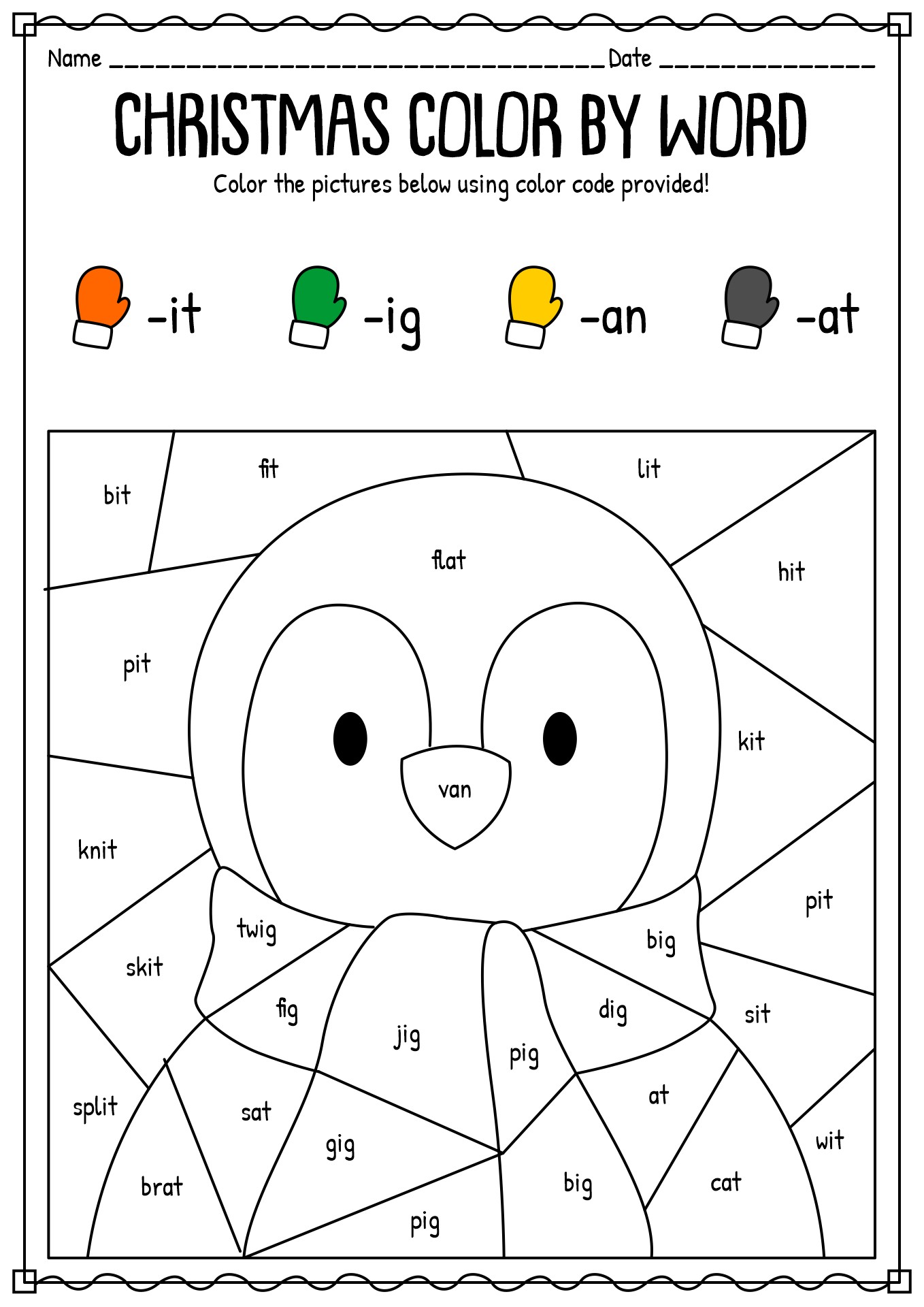 Christmas Color by Word Family Worksheets