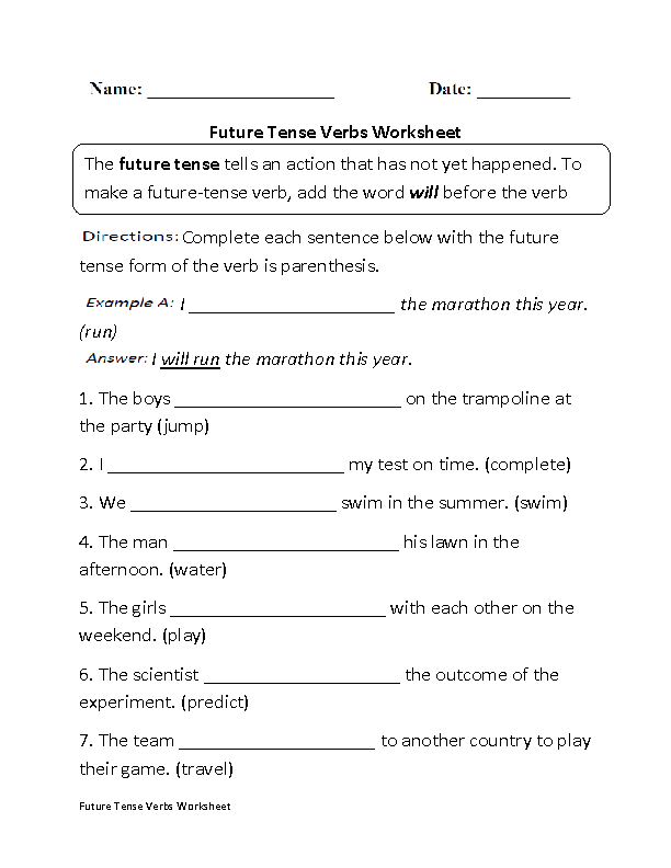 Future Tense Verbs Worksheet