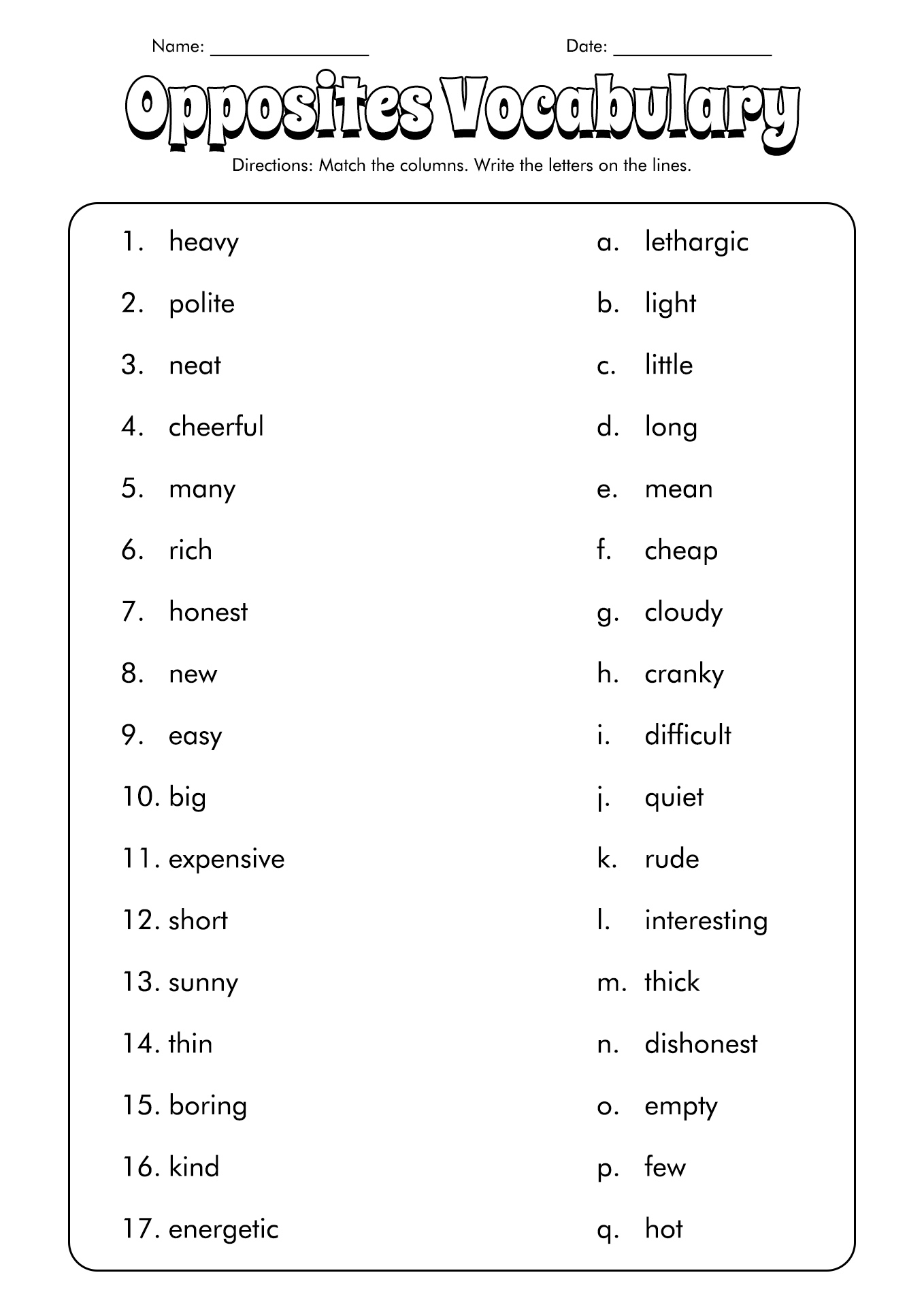 Matching Template For Quiz