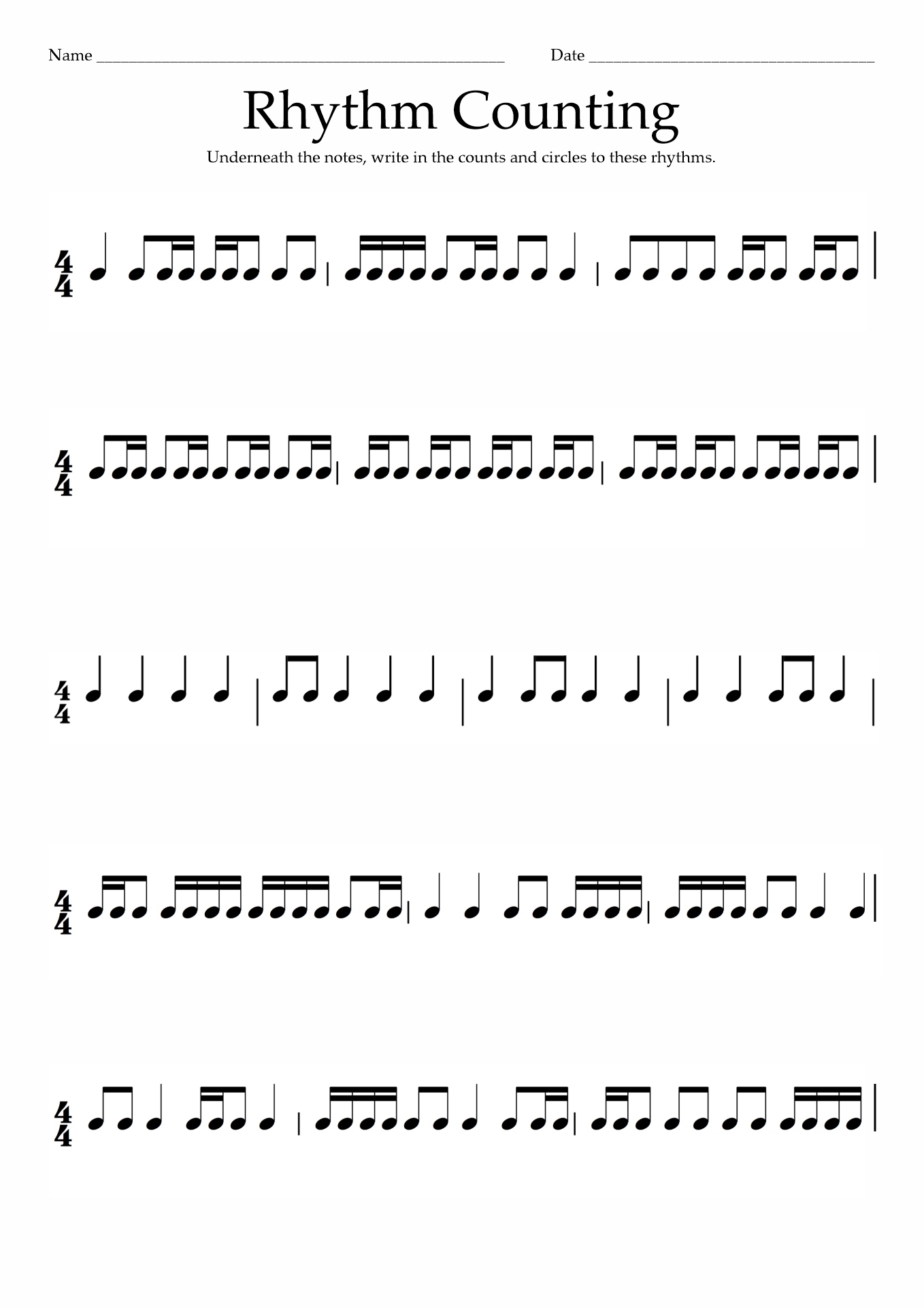 Music Rhythm Counting Worksheets