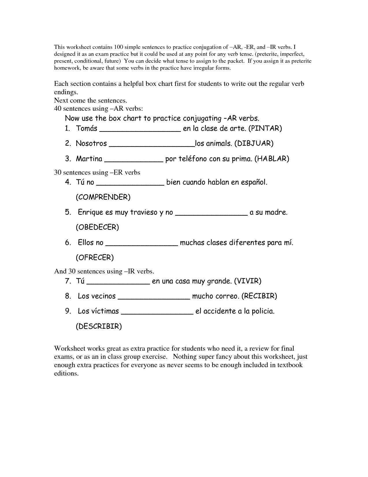 Spanish AR ER Ir Verbs Worksheet