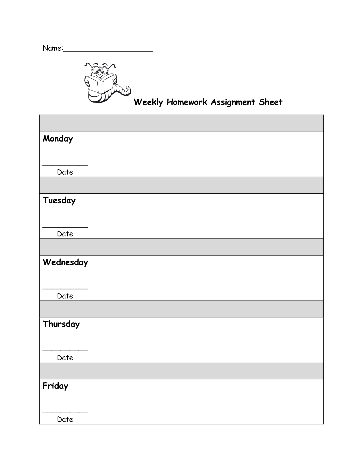 homework assignment sheet template
