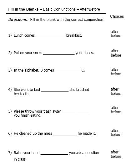 Conjunction Worksheets First Grade