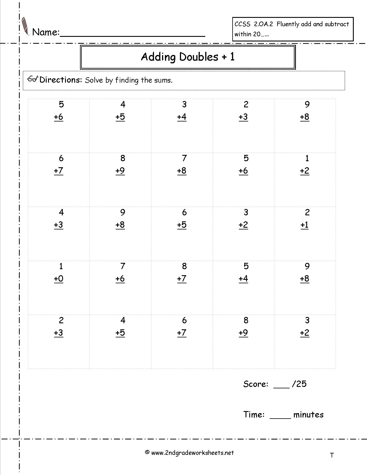 Doubles Plus One Addition Worksheets