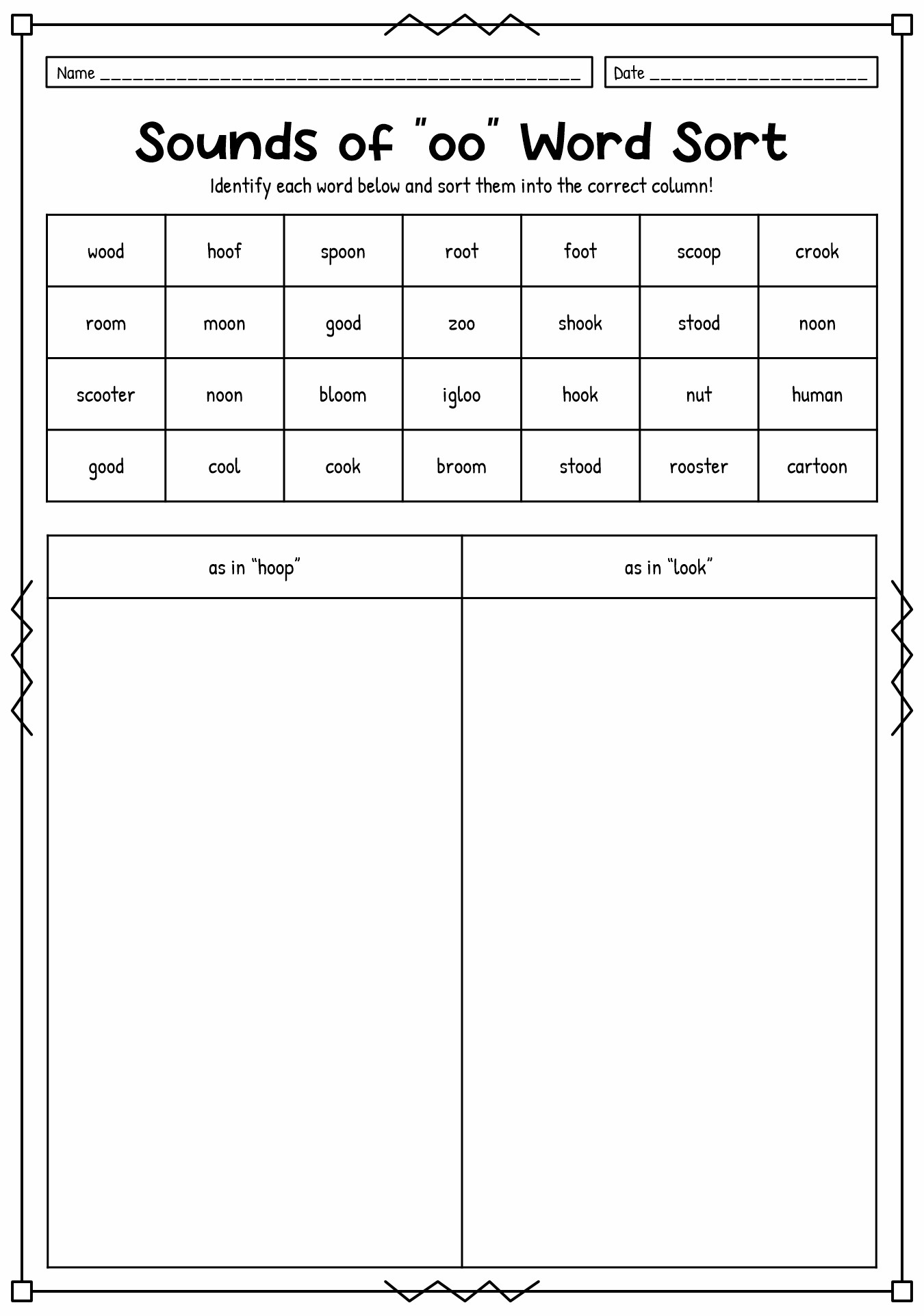 First Grade Vowel Team Oo Worksheet