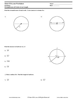 Geometry Circles and Arcs Central Angles Worksheet