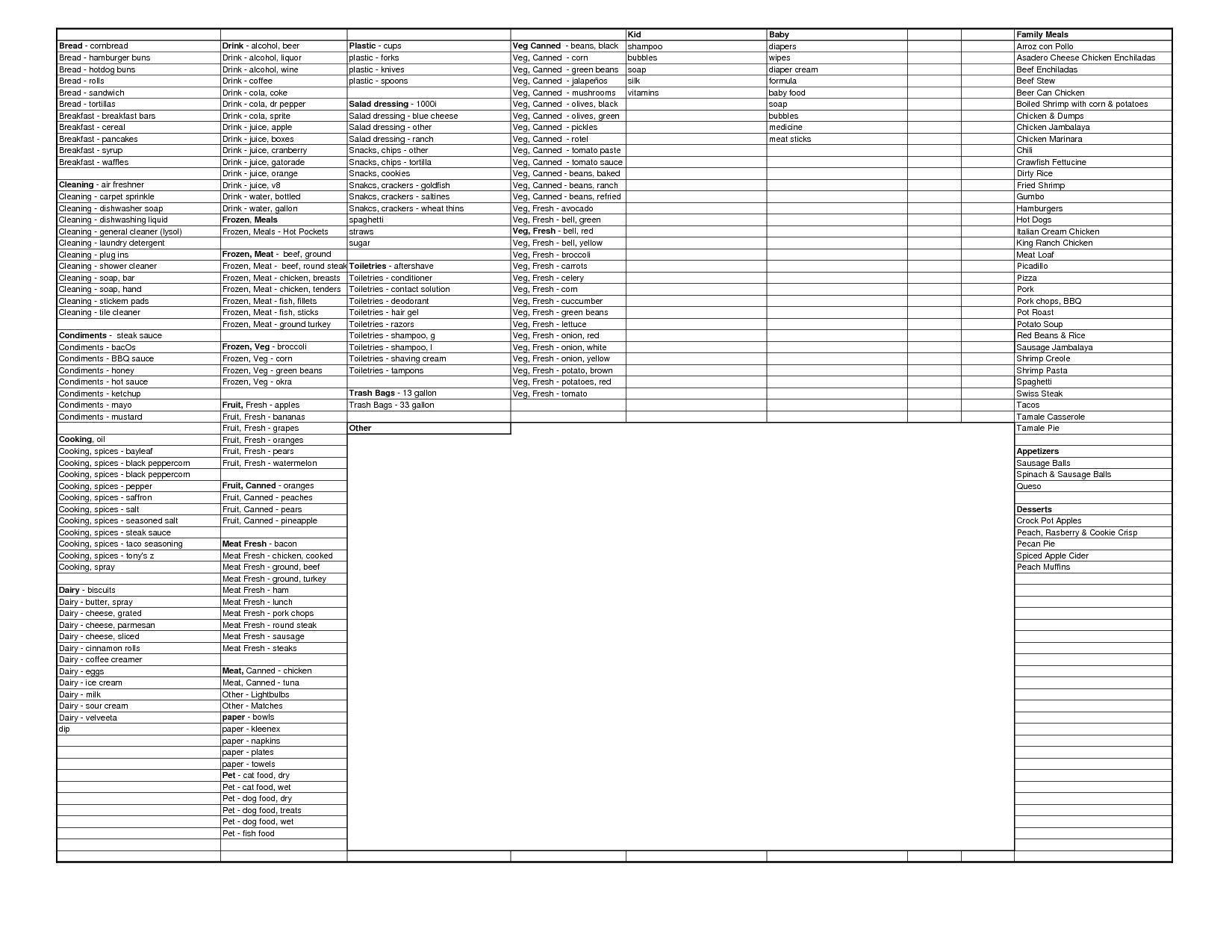 Grocery List Template Excel