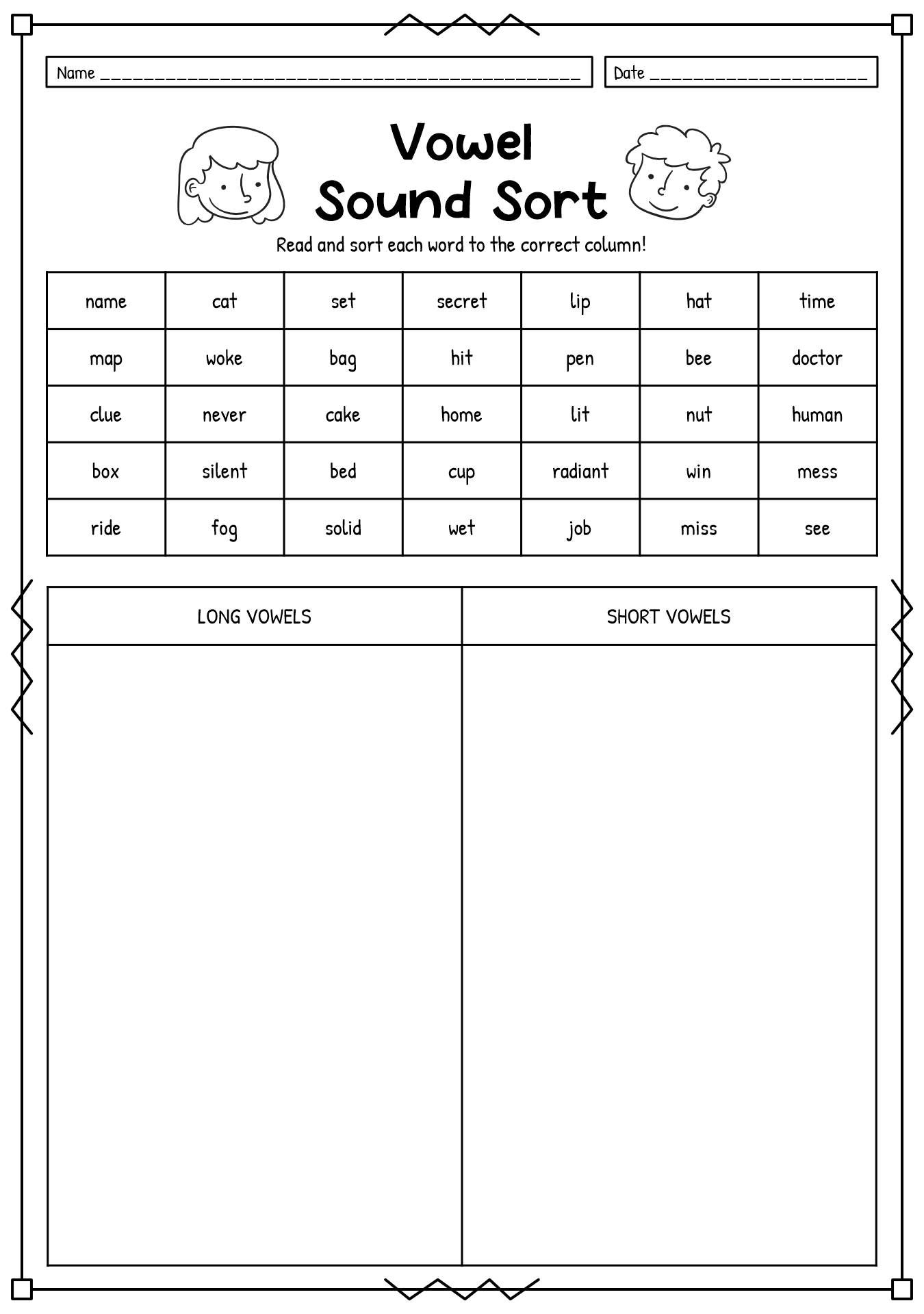 Long and Short Vowel Sort Printable