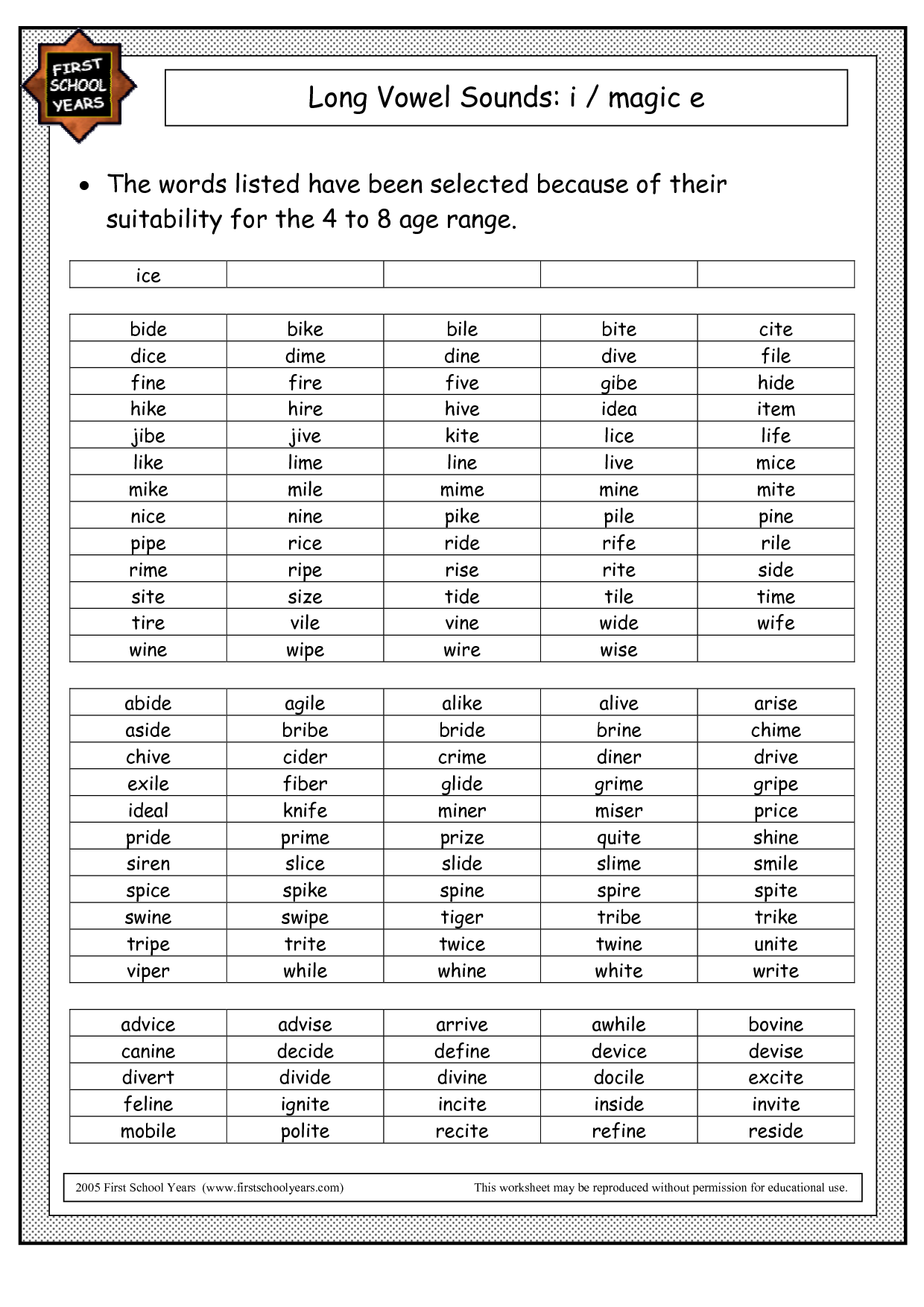 Long Vowel Silent E Word List