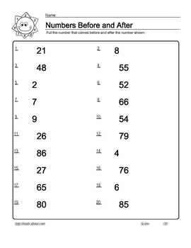 Numbers Before and After Worksheets 1 to 20