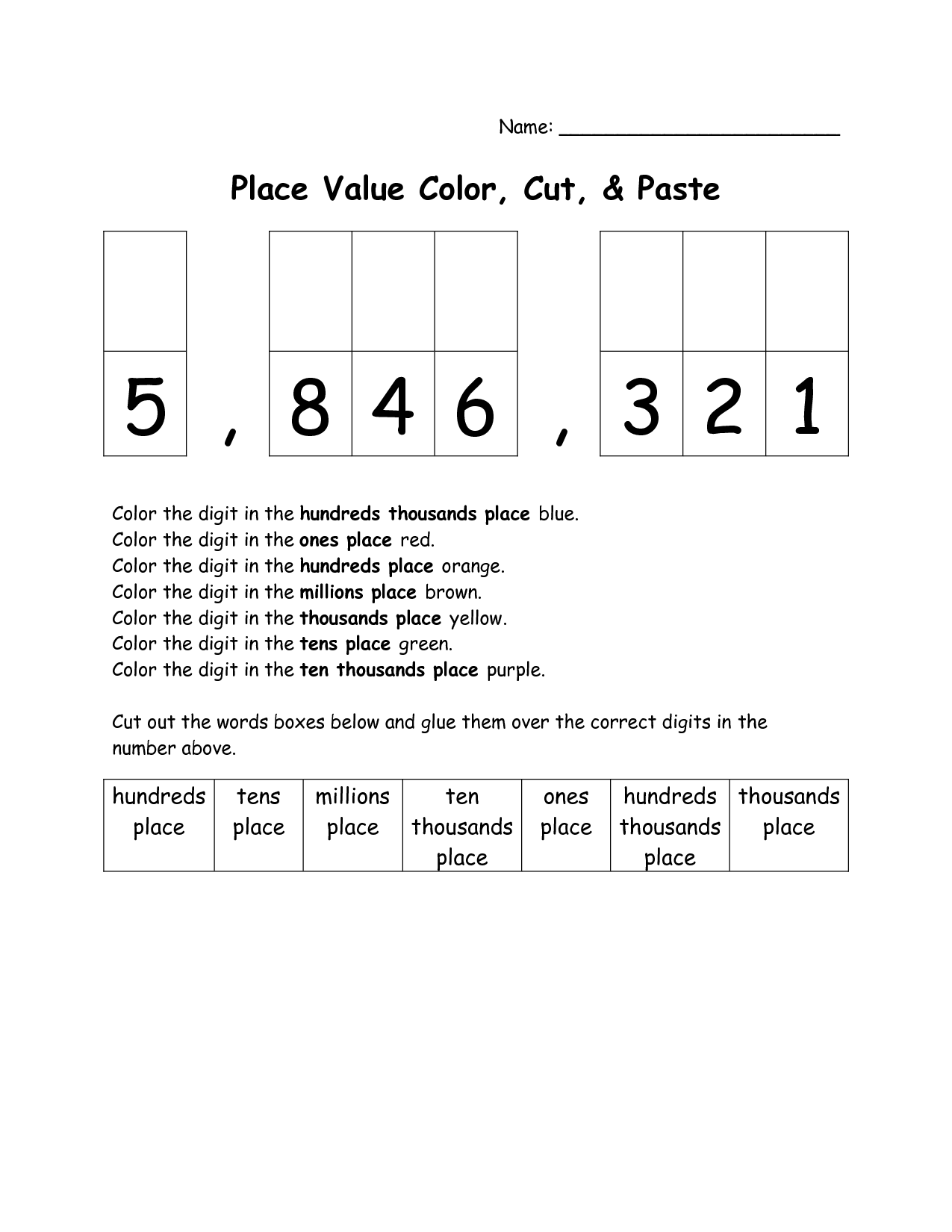 Place Value Color Cut and Paste