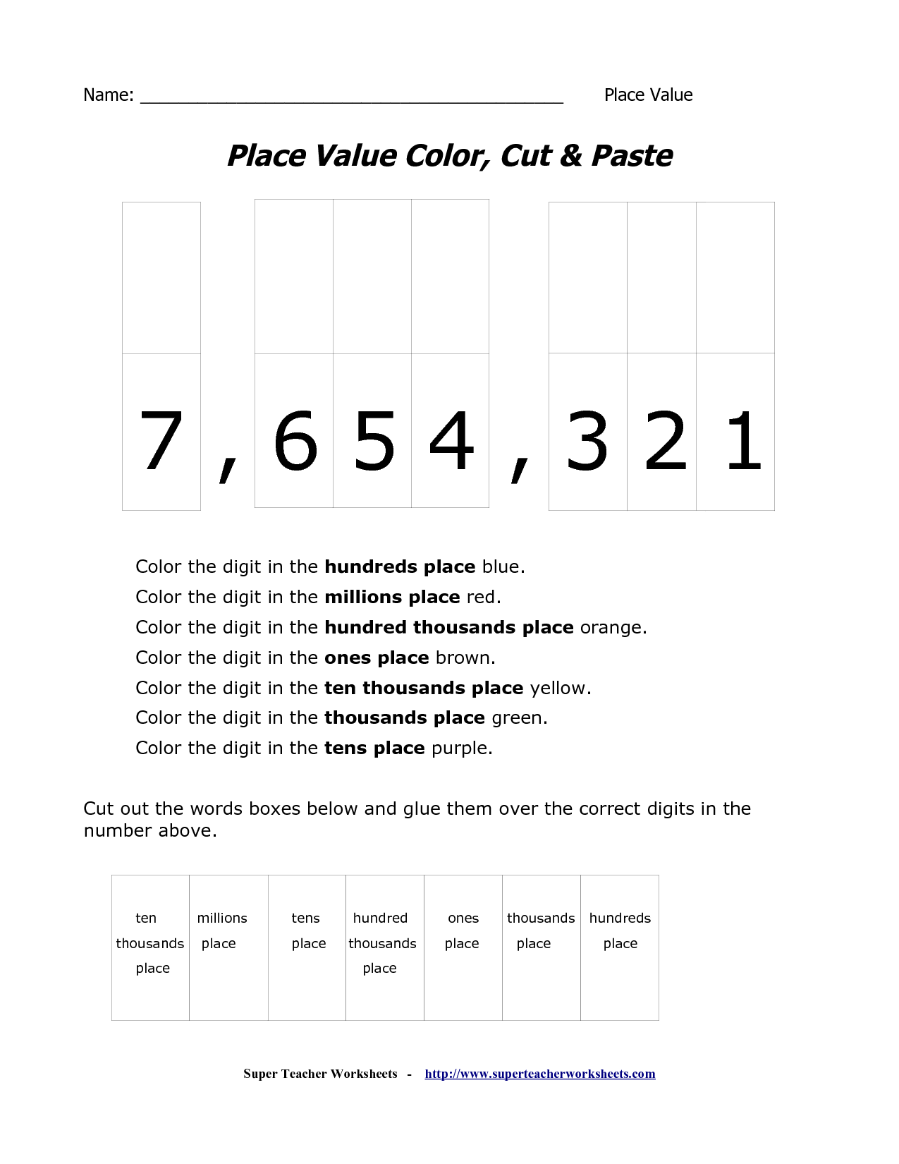 Place Value Color Cut and Paste