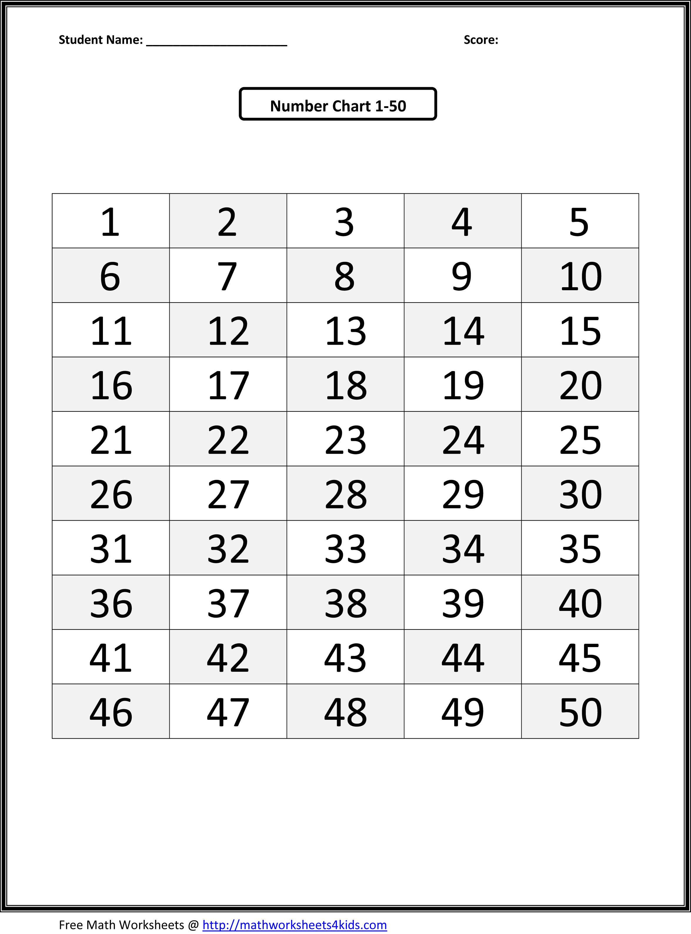 Printable Number 1 50 Worksheet